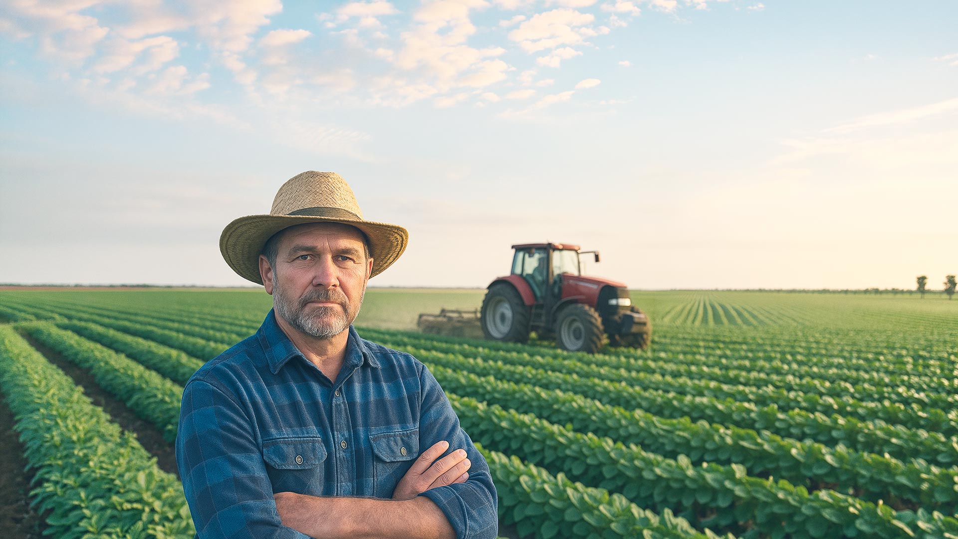 Produtor rural no campo com trator ao fundo